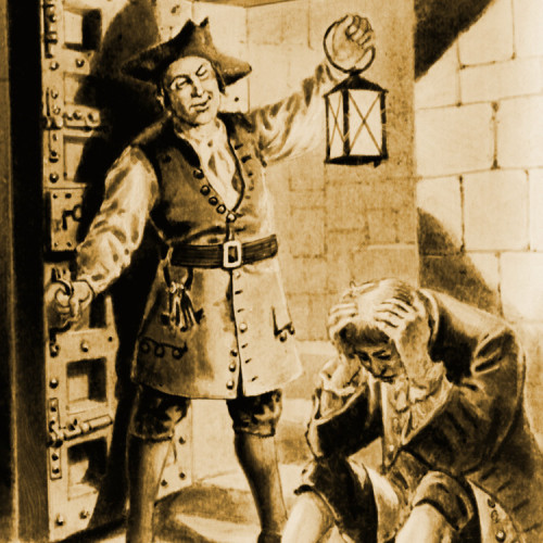A 19th century woodcut depicting a sadistically grinning jailer standing in the door of a cell of a wretched debtor's prison, in which three prisoners sit in attitudes of misery and hopelessness.