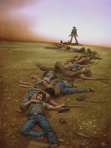 On a dusty, titled horizon, the Gunslinger stands with pistols gripped in each hand but now resting at his side. Bodies pile at his feet and dozens more extend in a line that snakes to the foreground. Various weapons, from scythes and machetes to bricks and boards, lay discarded in the lifeless dirt beside the twisted, bloody corpses.
