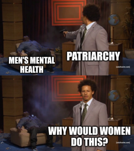 Who Killed Hannibal meme
Top Panel: Andre (labeled "Patriarchy") shooting Hannibal (labeled "Men's Mental Health")

Bottom Panel: Andre saying "Why would women do this?"
