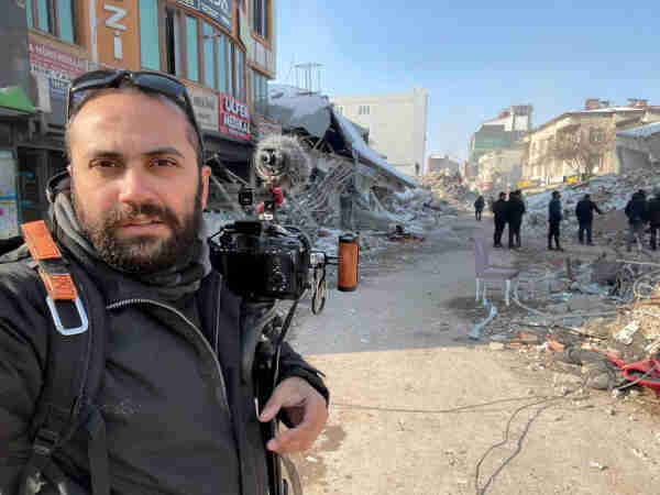 Reuters' journalist Issam Abdallah takes a selfie picture while working in Maras, Turkey, February 11, 2023. REUTERS/Issam Abdallah/File Photo