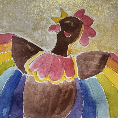 Crowing rooster with rainbow wings 
