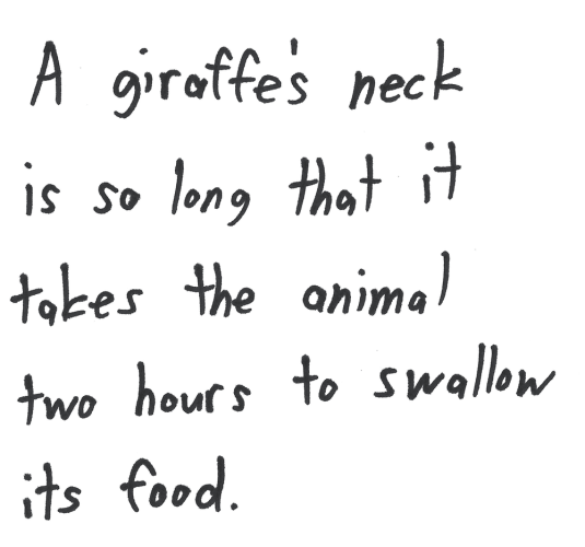 A giraffe's neck is so long that it takes two hours for the animal to swallow its food.