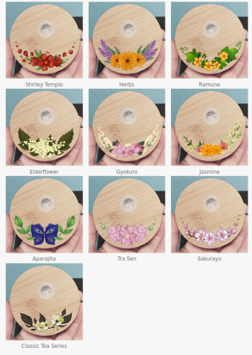 Various copies of the same photo of a bamboo lid with straw opening, different designs with flowers drawn on top of them.