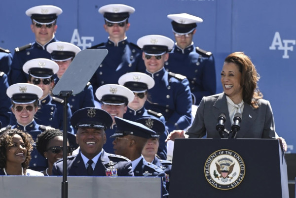 1 of 3 | Vice President Kamala Harris speaks during the 2024 2 1 
Air Force Academy graduation at Falcon Stadium in Colorado 
Springs, Colo., Thursday, May 30, 2024. (Jerilee Bennett//The 
Gazette via AP) 
BY ZEKE MILLER