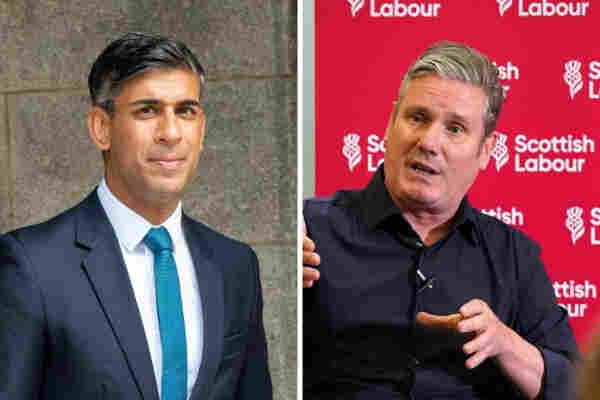 Split image with two men in professional attire; one on the left in a suit and tie, and one on the right speaking animatedly against a backdrop with a political party logo. Both of the men are Tories. On the left Sunak and on the right Starmer.