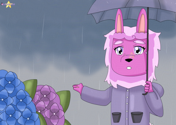 A drawing of a pink hybrid bunny/alpaca holding her transparent lilac umbrella, wearing a lilac raincoat.

Rainy background with blue and purple hydrangeas.