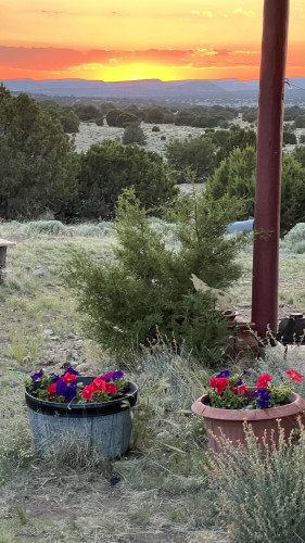 In the foreground, set amid the gramma grass and small wioldflowers, two planters filled with red and dark purple petunias sit by a small green juniper by one of the portal pilars on the right. Beyond the range land falls and rises in a series of wave like hills, studded with the green of piñions and junipers towards the  jagged silohuette of the mesas named Starway to Heaven. The sun is almost to its northern point! 