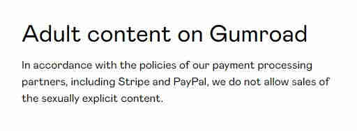 Screenshot from Gumroad adult content policy, text reads:

Adult content on Gumroad

In accordance with the policies of our payment processing partners, including Stripe and PayPal, we do not allow sales of the sexually explicit content. 