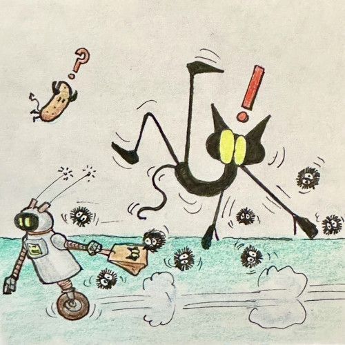 Drawing of a little gremlin being run over by a little delivery robot 

Zeichnung eines kleinen Gremlin, der von einem kleinen Lieferroboter überfahren wird
