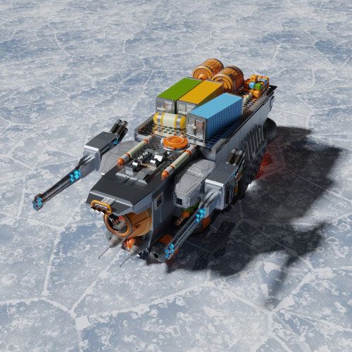 A 3D model, built in Blender, of a small spaceship. A bubble cockpit at the front, glowing engines at the back. Twin lasers glow blue either side of the cockpit. Random cargo adorns the top. The ship sits on a frozen sea.