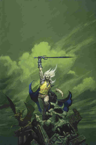 Standing atop ruins at the end of the world, an anguished Elric thrusts the runeblade Stormbringer to the heavens. The sky behind him roils with clouds rendered in acidic green. The chainmail on his right arm is torn. He wears a yellow tunic and belts strapped across his waist and chest crusted with jewels. His purple and black cloak billows in the wind. From a leather cord, he holds an ivory horn with ornate swirls of gold. The ruins he stands upon are crumbling, including the face of a skull that is missing a chunk of forehead and part of the orbital. The mouth isn't human given the fangs in its mouth and the horns protruding off the side of the head that is intact. Off to the side, a pterosaur-like creature perches with wings spread.
