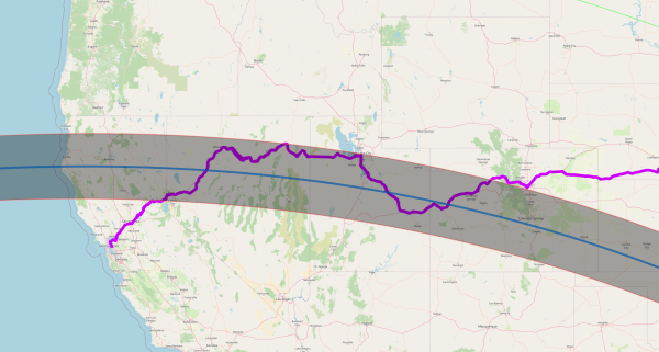 A map of the western US, showing the route of Amtrak's California Zephyr line overlayed with the path of totality for the 2045 total solar eclipse
