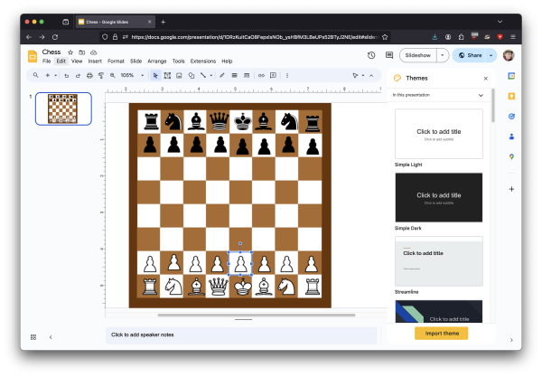 A screenshot of Google Slides with a chess board and separate chess piece images. Users can move the piece images around and it will update for everyone viewing the same slidedeck.
