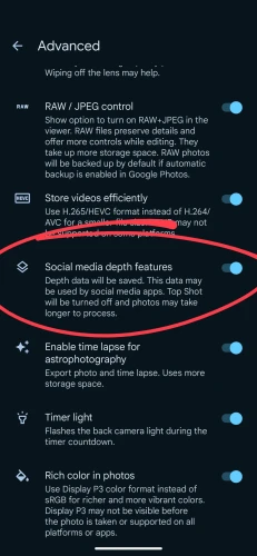 Pixel Camera "Social media depth features" option: Depth data will be saved. This data may be used by social media apps. Top Shot will be turned off and photos may take longer to process. 