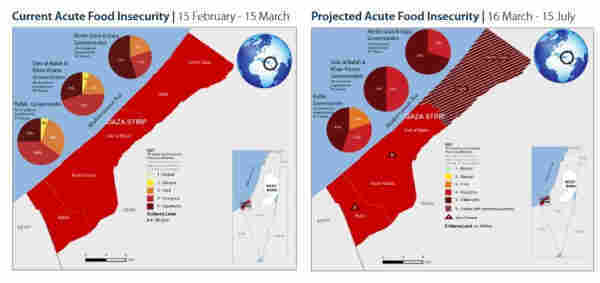 Map showing that 100% of Gaza was already in Level 4 Emergency state for famine by March 15. 2nd map shows that from March 16-July 15 the northern half of Gaza will be in Level 5 Catastrophic famine.