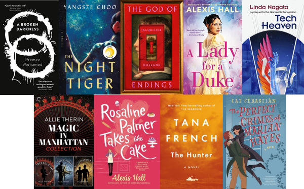 Book covers of A Broken Darkness, The Night Tiger, The God of Endings, A Lady for a Duke, Tech Heaven, Magic in Manhattan trilogy, Rosaline Palmer Takes the Cake, The Hunter, and The Perfect Crimes of Marian Hayes