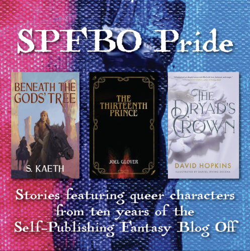 A pink, dark blue, and light blue striped background with a scaly texture behind three book covers. Text reads: SPFBO Pride, Stories featuring queer characters from ten years of the Self-Publishing Fantasy Blog-off
The book covers are Beneath the Gods' Tree, showing a woman riding a horse through a desolate landscape; The Thirteenth Prince, with an artistic gold border around a dark background with flames; and The Dryad's Crown, with an artistic lavender cover 