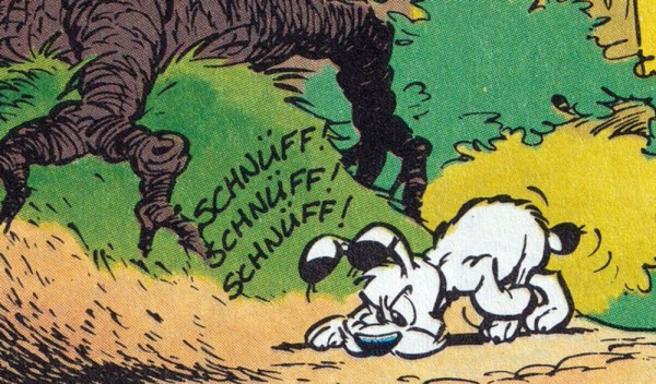 Idefix schnüffelt mit seiner Nase am Waldboden und versucht eine Fährte aufzunehmen. Im Hintergrund sind Gras und Baumwurzeln zu sehen.