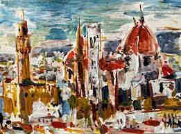 Rather abstract painting of an overview of the city of Florence, Italy. The buildings and cathedrals are mainly coloured white with orange roofs. On the left is a light brown church. There are some other colourful touches in the overview as well. The sky is painted in horizontal brushes of blue, green and some white. 