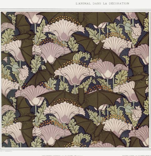 Chromatograph, landscape orientation, Art Nouveau decorative pattern plate featuring brown bats with wings spread open amongst pink poppy flowers