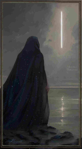 A person is walking in the ocean wearing a starry cape. They seems to be attracted by a door of light shining in the sky. The whole atmosphere of the illustration is moody and melancholy