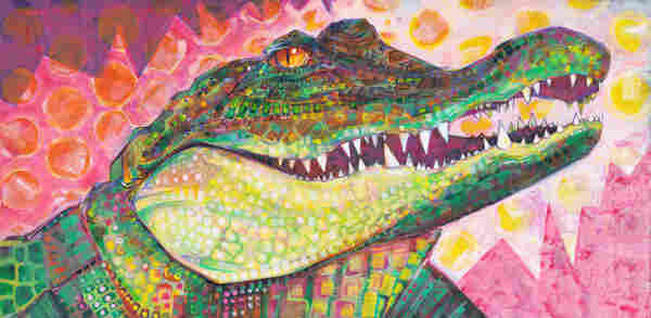 painting of a crocodile's face and shoulders on a pink background