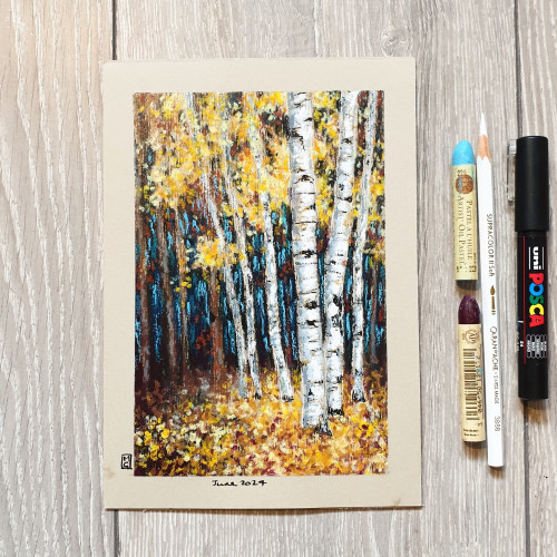 Original oil pastel painting - Autumn Birch Trees
An oil pastel painting of birch trees in their yellow autumn colour in shady woodland.
Materials: oil pastel, mixed media, acid free beige pastel paper
Width: 14.5 centimetres
Height: 21 centimetres