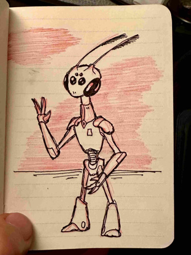 Drawing of an insect-like alien rising its hand and waving.

Zeichnung eines insektenähnlichen Außerirdischen, der seine Hand erhebt und winkt.