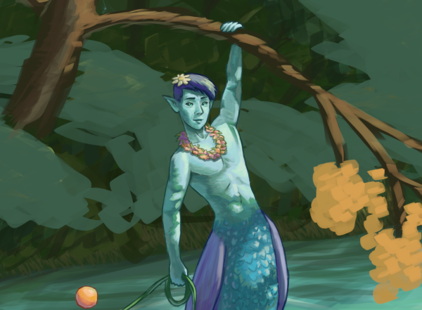 Digital sketch of blue-skinned merman hanging from a tree branch with one hand.