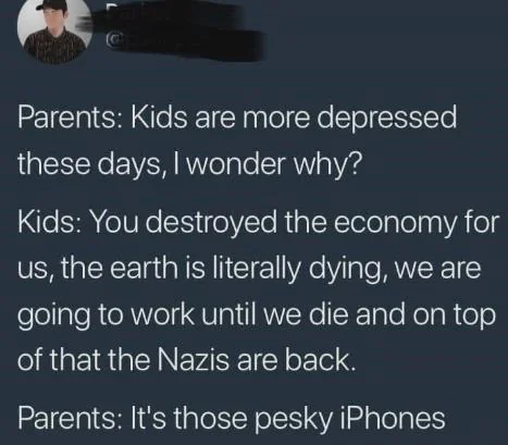 Parents: Kids are more depressed these days, I wonder why?

Kids: You destroyed the economy for us, the earth is literally dying, we are going to work until we die and on top of that the Nazis are back.

Parents: It's those pesky iPhones 