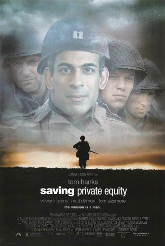 Image in the style of a poster for the film Saving Private Ryan but the central figure is Rishi Sunak and the most prominent text is "Saving Private Equity"