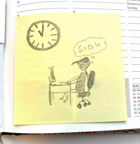 Hand-drawn sketch on a sticky note depicting a fly sitting at a desk with a computer, slumped in a chair and emitting a thought bubble with the word "SIGH." Above is a wall clock indicating 11.