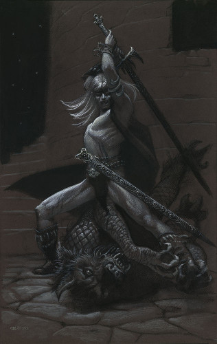Preliminary art for ELRIC DEMONSLAYER in white and black on toned paper. At the base of a spiral staircase winding around a tower, Elric stands over a scaly demon. He draws back the long blade of Stormbringer in a loose two-handed grip. His clothes are torn to shreds and blood trails down the pure white skin of his bare abdomen and thigh. The demon bares its fangs as its fore claws grip Elric's leg as we wait for the deathblow to fall.
