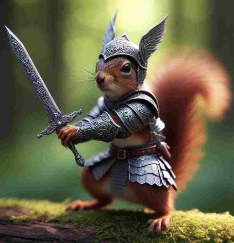 Picture a red squirrel in full armour with a winged helmet & a two handed sword.