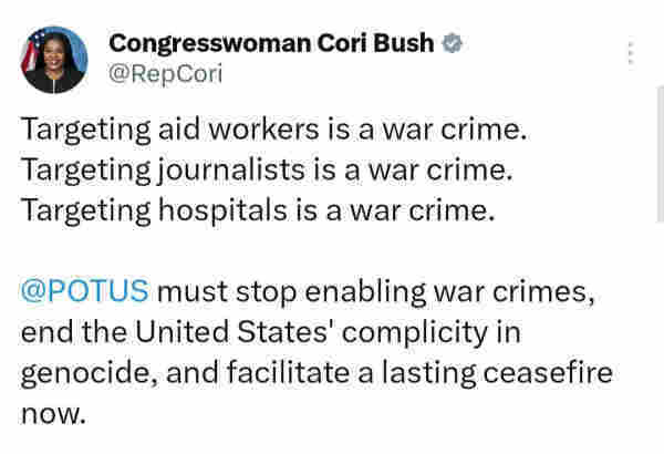 Corie Bush tweet about war crime in Gaza