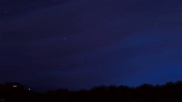 Digital painting of a starry, dark blue night sky. It is covered in thin, feathery cirrus that veil the stars a little bit. There is a purple undertone in the blue. Under the sky, the landscape is completely dark, some trees and a few buildings with lit up windows.