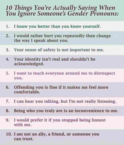 List titled 10 Things You're Actually Saying When You Ignore Someone's Gender Pronouns:
1. I know you better than you know yourself.
2. I would rather hurt you repeatedly than change the way I speak about you.
3. Your sense of safety is not important to me.
4. Your identity isn't real and shouldn't be acknowledged.
5. I want to teach everyone around me to disrespect you.
6. Offending you is fine if it makes me feel more comfortable.
7. I can hear you talking, but I'm not really listening.
8. Being who you truly are is an inconvience to me.
9. I would prere it if you stopped being honest with me.
10. I am not an ally, a friend, or someone you can trust. 