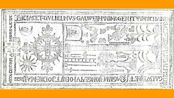 Rubbing of a tombstone with various Christian symbols carved on it and an inscription in Latin around the edge.