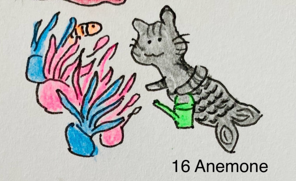 Hand-drawn illustration of a cat mermaid  with a watering can in the paw tending to colorful anemones, with a small clownfish nearby. Text reads "16 Anemone."