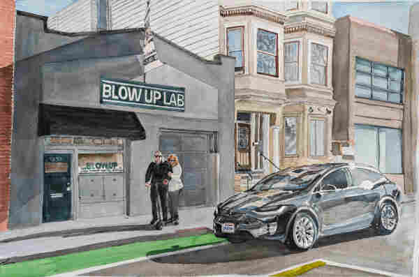 In this watercolor painting, a man and woman stand together on a scooter on the sidewalk in front of a grey building with a BLOW UP LAB sign on it -- it's their digital printing press. Next door stands a beige Victorian. At the curb -- we'll, past a bright green bike lane -- is a black Tesla Model 3. The surrounding buildings reflect off its highly polished surface. 