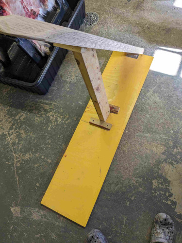 Fleshing beam, view of the floor piece and the leg that hold the beam up. It fits between two pieces of wood to hold it in place. The bottom of the fleshing beam rests on the leg. 

In background is view of hide  ready to be processed.