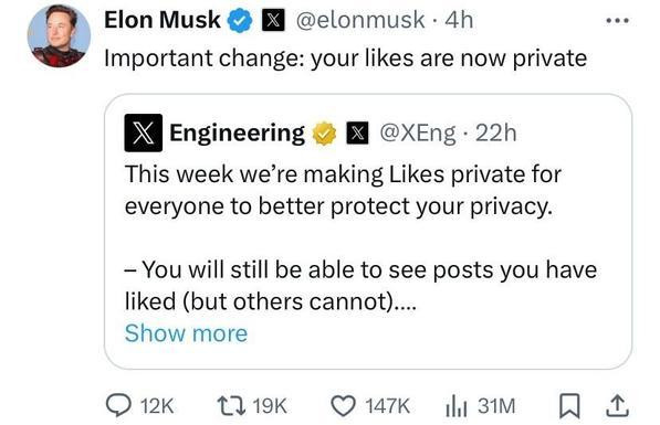 Musk tweets that likes are now private on Twitter.