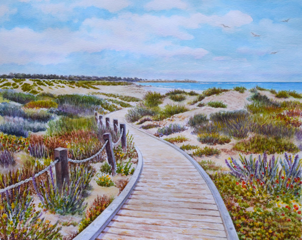 Watercolor painting of a pathway leading to a beach. Coastal plants on each side of pathway.