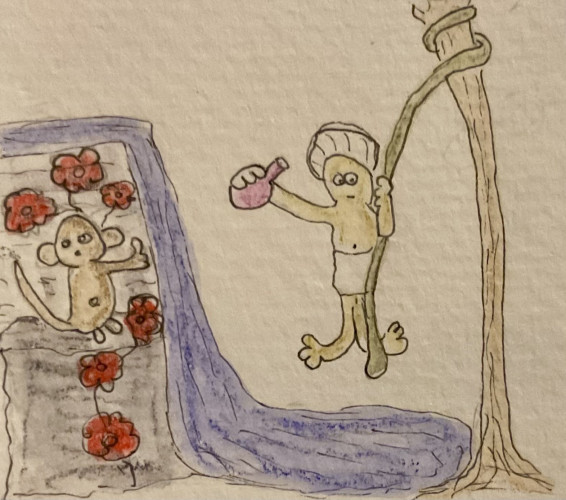 A small cartoonish creature wearing a towel and shower cap hangs from a tree branch while holding a purple bottle. A second next to a waterfall, surrounded by red roses, is giving him the thumbs up. 