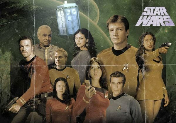 a poster with the cast of the firefly tv show dressed in star trek uniforms. the star wars logo is in the upper right and there's a  tardis from doctor who behind the cast.