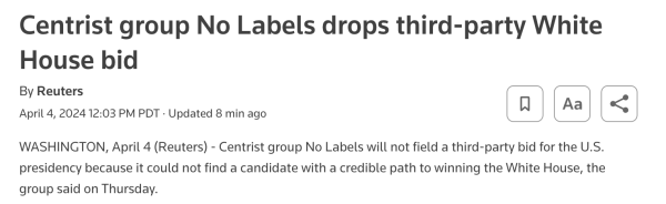 Laughably bad headline from both sides media reading Centrist group No Labels drops third-party White House bid

Does trump's micro peen taste like chocolate or something? They can't get off it 