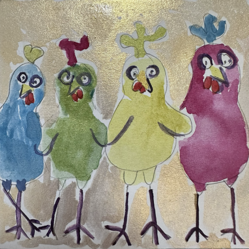 Four colorful chickens in a line. 