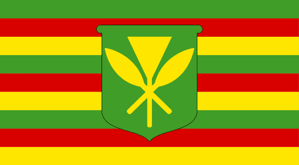 The Kanaka Maoli ('true people' in the Hawaiian language) flag, with nine alternating stripes of green, red and yellow defaced with a green shield with a kāhili (ceremonial feather standard) crossed by two paddles. 