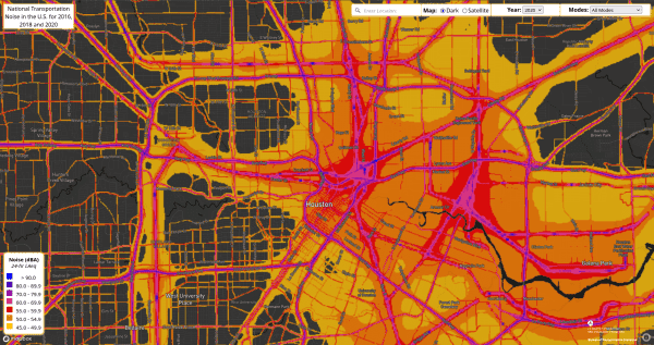 A heatmap showing noise levels in houston, showing that there is direct correlation between roads with high traffic and speeds and high noise levels. Large parts of the downtown area are completely riddled with high levels of noise.