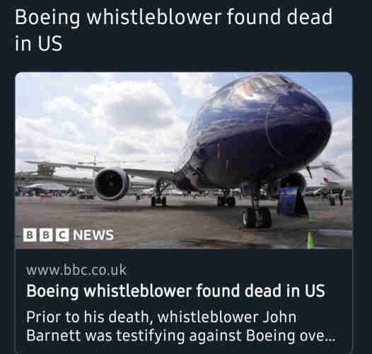 BBC headline reading 
Boeing whistleblower found dead in US